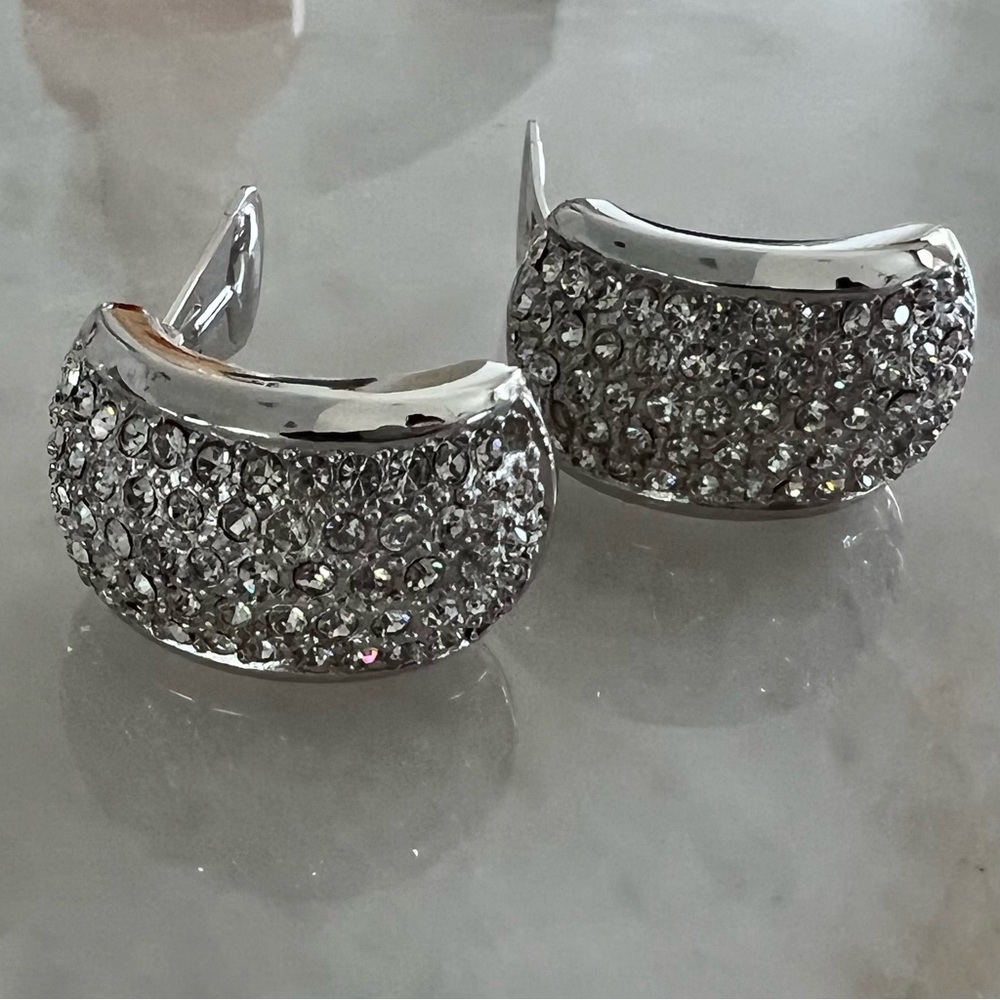 Christian Dior Vintage Silver Pave Crystal Half Hoop Clip-On Earrings - Picture 4 of 16
